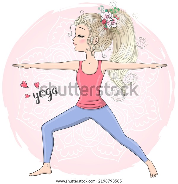 Hand drawn beautiful cute little girl yogi\
in warrior position. Vector\
illustration.