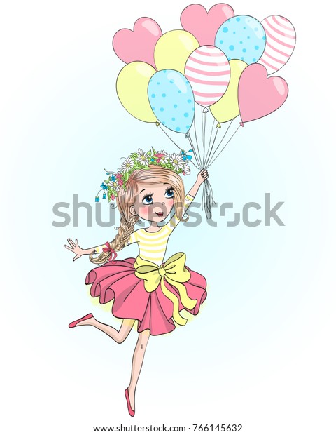 手描きの美しく かわいい 小さな女の子が風船の上を飛んでいる ベクターイラスト のベクター画像素材 ロイヤリティフリー