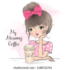 Hand drawn beautiful cute morning girl with coffee. Vector illustration.
