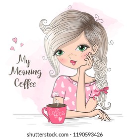 Hand drawn beautiful cute morning girl with coffee. Vector illustration.