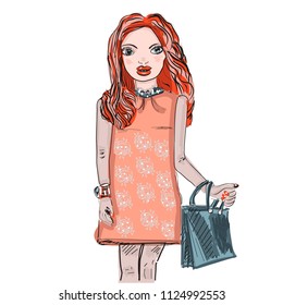 Hand drawn beautiful cute red-haired girl in an elegant dress . Vector illustration. Fashion bag for shopping