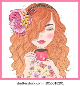 Hand drawn beautiful cute redhead curly girl with coffee in his hands. Vector illustration.