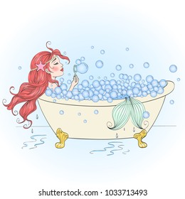 Hand drawn beautiful, cute, romantic redhead mermaid girl in the bathroom blow bubbles. Vector illustration.