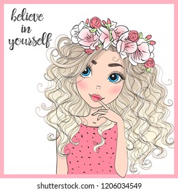 Hand drawn beautiful, cute romantic girl with flower wreath. Vector illustration.