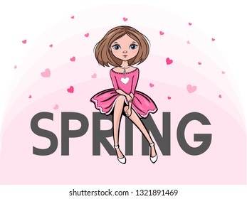 Hand drawn beautiful, cute romantic girl girl sitting on the word Spring . Vector illustration in cartoon style.