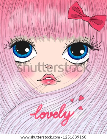 Hand drawn beautiful, cute romantic girl. Vector illustration.