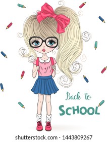 Hand drawn beautiful cute schoolgirl with backpacks on background with the inscription Back to School. Vector illustration.