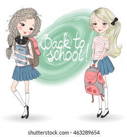 Hand drawn beautiful cute schoolgirls with backpacks on background with the inscription
Back to school. Vector illustration.