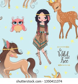 Hand drawn beautiful cute seamless pattern with tribal indian girl, little deer, horse and owl. Vector illustration.