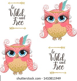 Hand drawn beautiful cute seamless pattern with tribal indian girl owl. Vector illustration.