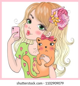 Hand drawn beautiful cute selfie girl with cat and smart phone. Vector illustration.