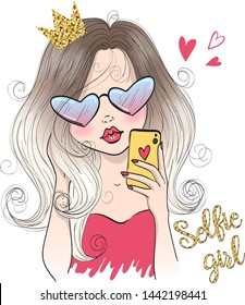 Hand drawn beautiful cute selfie queen girl with smart phone. Vector illustration.