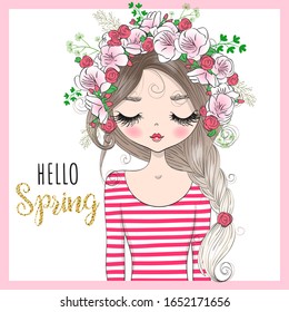 Hand Drawn Beautiful, Cute Spring Girl With Wreath Of Flowers. Vector Illustration.