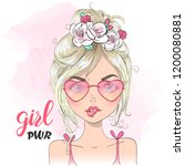 Hand drawn beautiful cute summer girl in pink glasses hearts. Vector illustration.