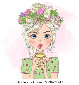 Hand drawn beautiful cute summer girl with drink in her hands. Vector illustration.