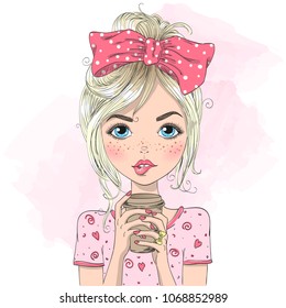Hand drawn beautiful cute summer girl with coffee in her hands. Vector illustration.