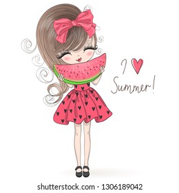 Hand drawn beautiful cute summer girl with big watermelon in her hands. Vector illustration. 