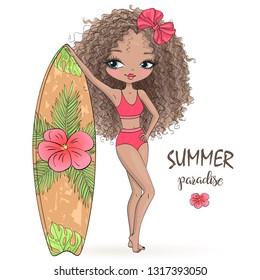 Hand drawn beautiful cute summer girl with surfboard. Vector illustration.