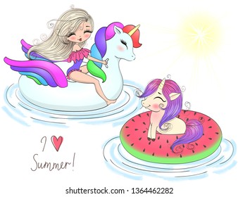 Hand drawn beautiful cute summer girls in big inflatable circle with unicorn. Vector illustration. 