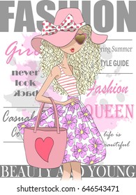 Hand drawn beautiful cute summer girl against the background of the cover of a glossy magazine. Vector illustration.