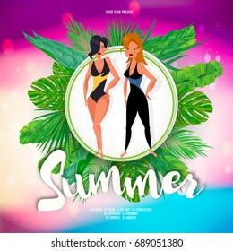 Hand drawn beautiful cute summer girls on the background with palm leaves. Vector illustration.