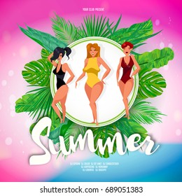 Hand drawn beautiful cute summer girls on the background with palm leaves. Vector illustration.