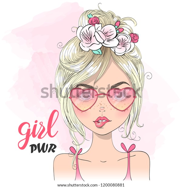ピンクの眼鏡をかけた手描きの美しい夏の女の子 ベクターイラスト のベクター画像素材 ロイヤリティフリー