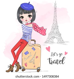 Hand drawn beautiful cute travel girl on the background of Eiffel Tower. Vector illustration.