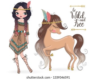 Hand drawn beautiful cute tribal indian girl with little horse. Vector illustration.