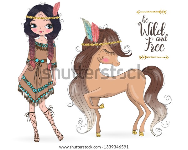手描きの美しい可愛い部族のインド人の女の子で 小さな馬を持つ ベクターイラスト のベクター画像素材 ロイヤリティフリー