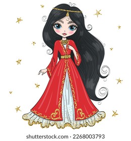 Hand drawn beautiful cute turkish fashion cartoon girl. Vector illustration.