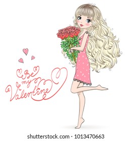 Hand drawn beautiful, cute, valentine girl with bouquet in hands. Vector illustration.