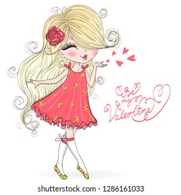 Hand drawn beautiful, cute, valentine girl in love. Vector illustration.