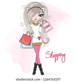 Hand drawn beautiful, cute winter shopping girl with a gift and bag. Vector illustration.