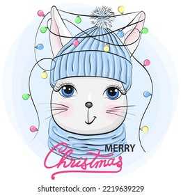 Hand drawn beautiful cute winter rabbit with the words Merry Christmas. Vector illustration.