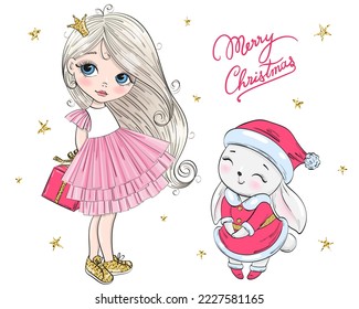 Hand drawn beautiful cute winter rabbit and girl with the words Merry Christmas. Vector illustration.