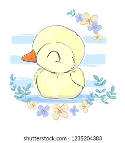 Hand Drawn Beautiful Cute yellow Duck and flowers. Children's print design textile and posters. Children print on t-shirt. Vector Illustration.