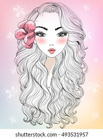 Una linda jovencita dibujada a mano con una flor de orquídea está en el pelo. Ilustración vectorial.