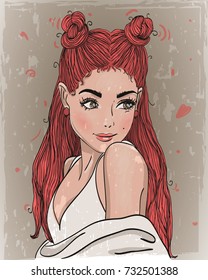 Hand drawn beautiful cute young girl. Vector illustration.