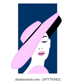 hand drawn beautiful elegant lady in pink hat portrait isolated on blue background. Contour drawing. Black stroke. Fashion, beauty model. Young awesome women vector art Advertisement design elements.