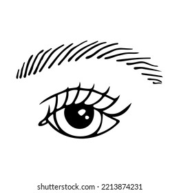 Hand drawn beautiful eye with lush eyelashes. Vector illustration isolated on white.