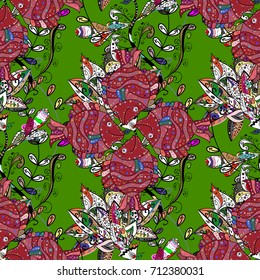 Hand drawn. Beautiful fabric pattern. Vector illustration. Doodle flowers and branches, herbs and flowers.