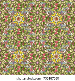 Hand drawn. Beautiful fabric pattern. Vector illustration. Doodle flowers and branches, herbs and flowers.