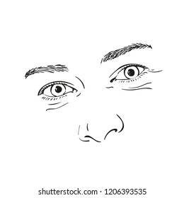Bonitas características de la cara dibujadas a mano: ojos, cejas y nariz aisladas en fondo blanco, ilustración vectorial
