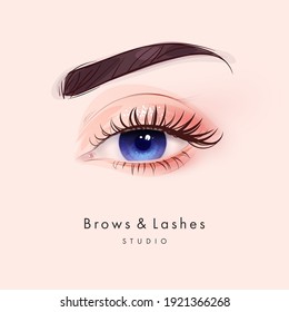 Hand drawn beautiful female eye with long black eyelashes and brows. Vector illustration