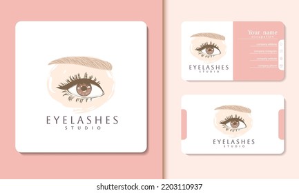 Hand drawn beautiful female eye and brows Luxury eyelashes logo with business card 