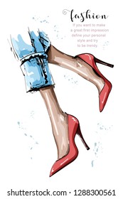 Hand drawn beautiful female legs. Stylish women red shoes. Sketch. Vector illustration.