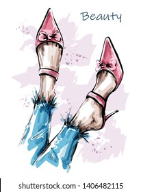 Hand drawn beautiful female legs with pink shoes. Fashion shoes. Sketch. Vector illustration.