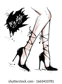 Hand drawn beautiful female legs. Fashion woman legs in black shoes. Female body parts. Black strappy heels. Sketch. Vector illustartion.