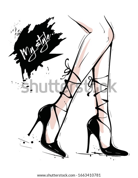 Hand drawn beautiful female legs. Fashion\
woman legs in black shoes. Female body parts. Black strappy heels.\
Sketch. Vector\
illustartion.